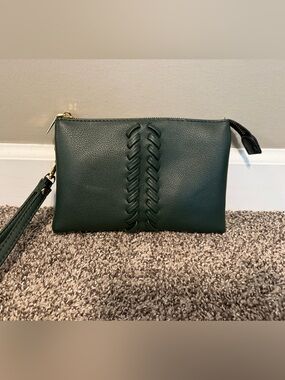Dark Green Leather Wristlet Clutch